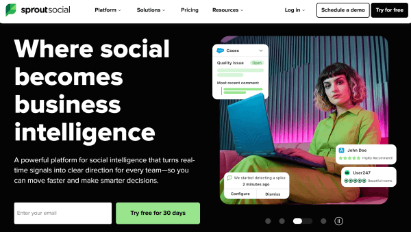 Sprout Social homepage with social intelligence messaging, customer review cards, and a Salesforce case preview.
