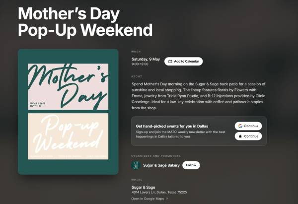 Sugar & Sage Bakery in Dallas hosted a Mother&rsquo;s Day pop-up featuring flowers, jewelry, and other offerings from local businesses, bringing different audiences together for a shopping event. 