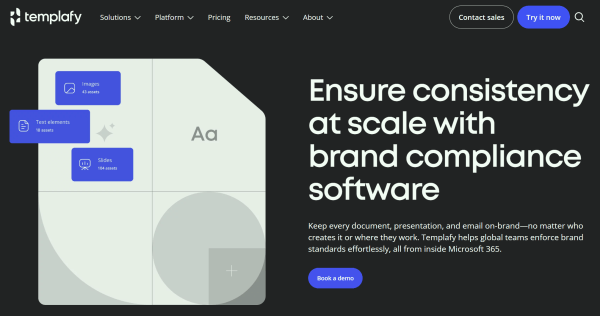 Templafy brand compliance software homepage displaying a document illustration with image, text, and slide assets.
