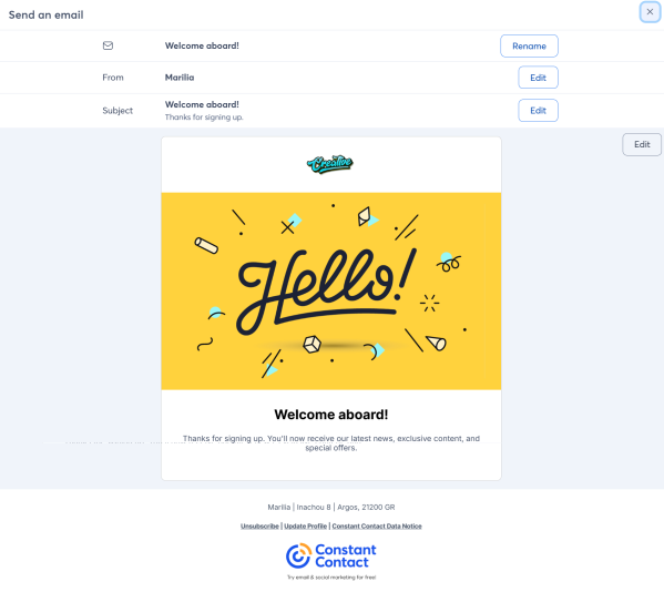 Constant Contact lets you review the email, update the sender and subject line, and rename the campaign before adding it to the automation path. 