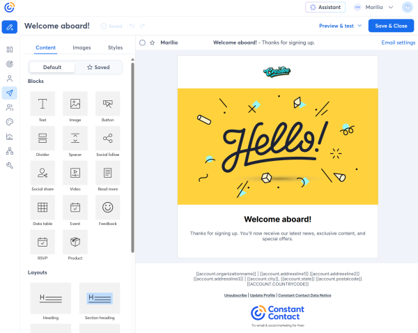 Constant Contact&rsquo;s email editor lets you customize the content and design of each message in your welcome automation. 