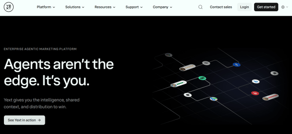 Yext homepage showing a network of Google, Facebook, Tripadvisor, and Yelp logos alongside customer review ratings to illustrate its local marketing platform.