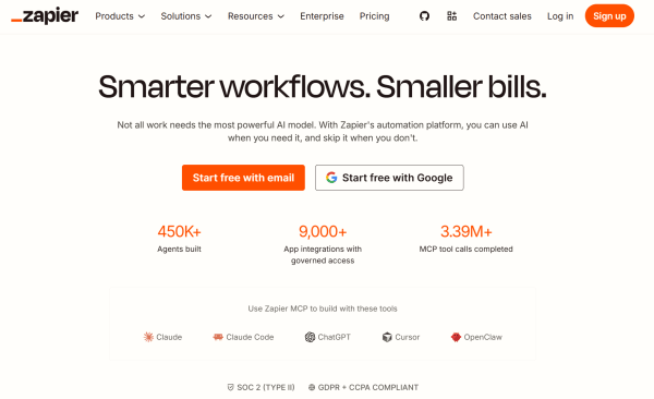 Zapier homepage highlighting workflow automation, app integrations, and connections to AI tools.