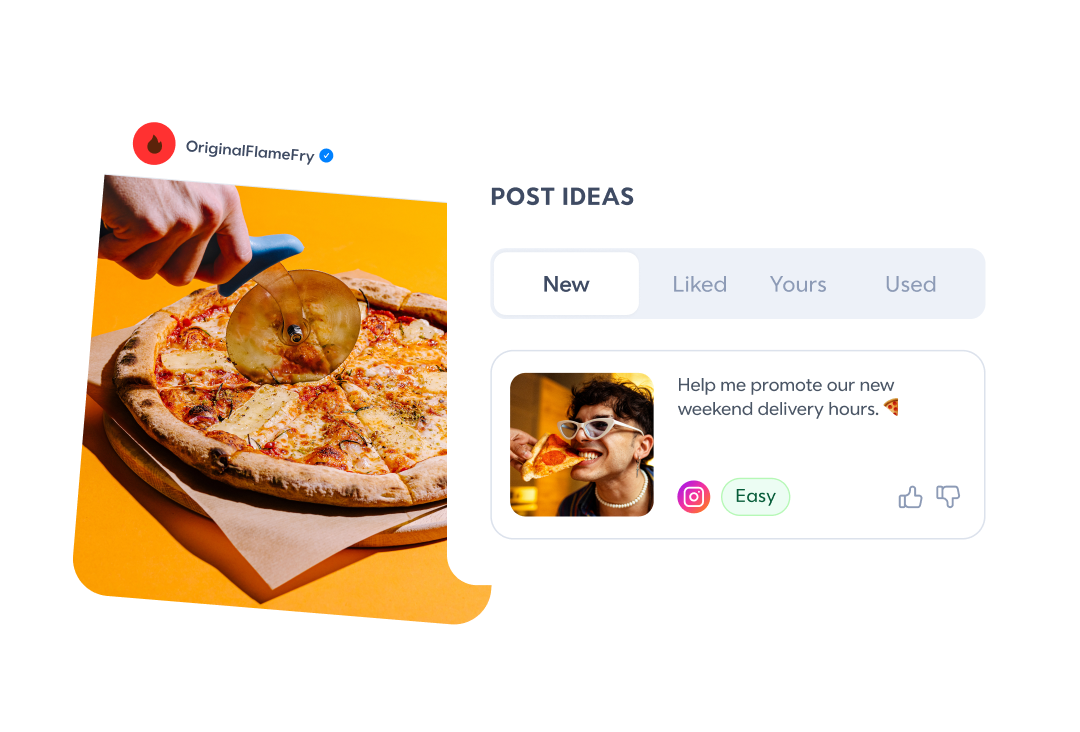 Post ideas interface with social post preview for OriginalFlameFry